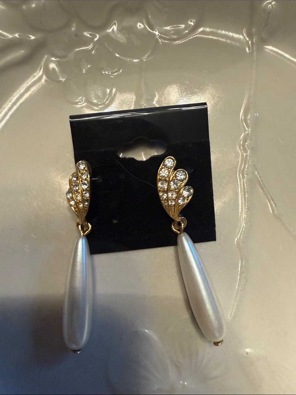 Gold Crystal Teardrop Pearl Drop Earrings - White